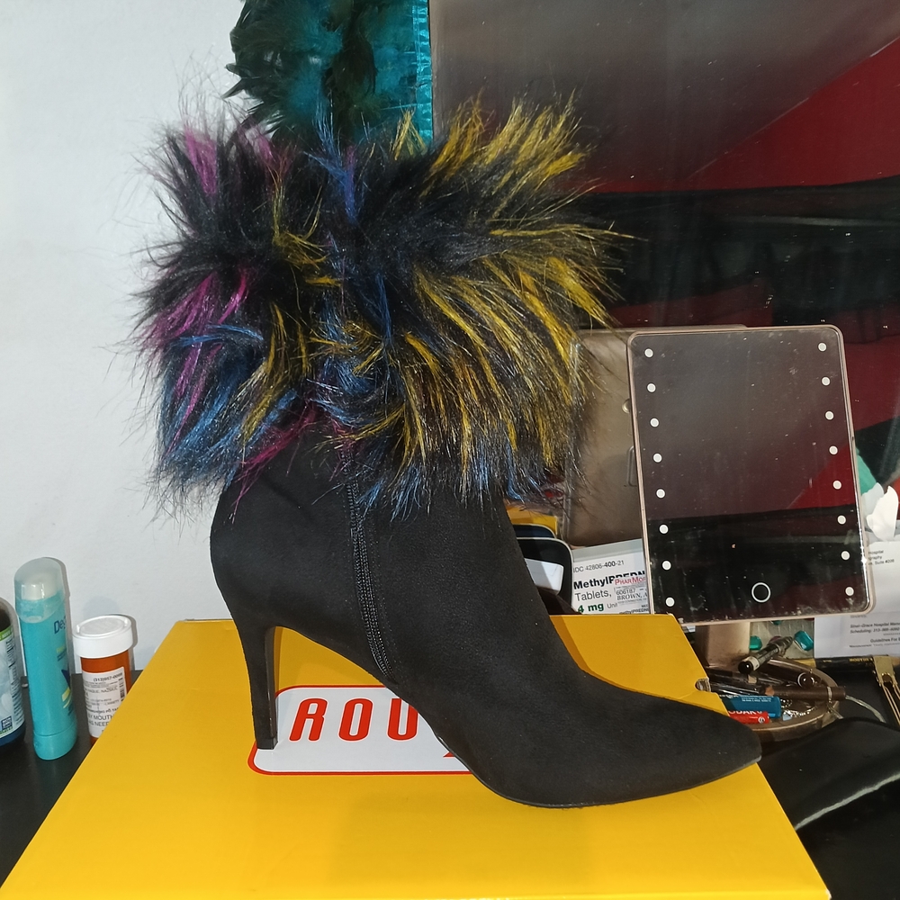 Black Stiletto Ankle Boots with Multicolor Fur Trim